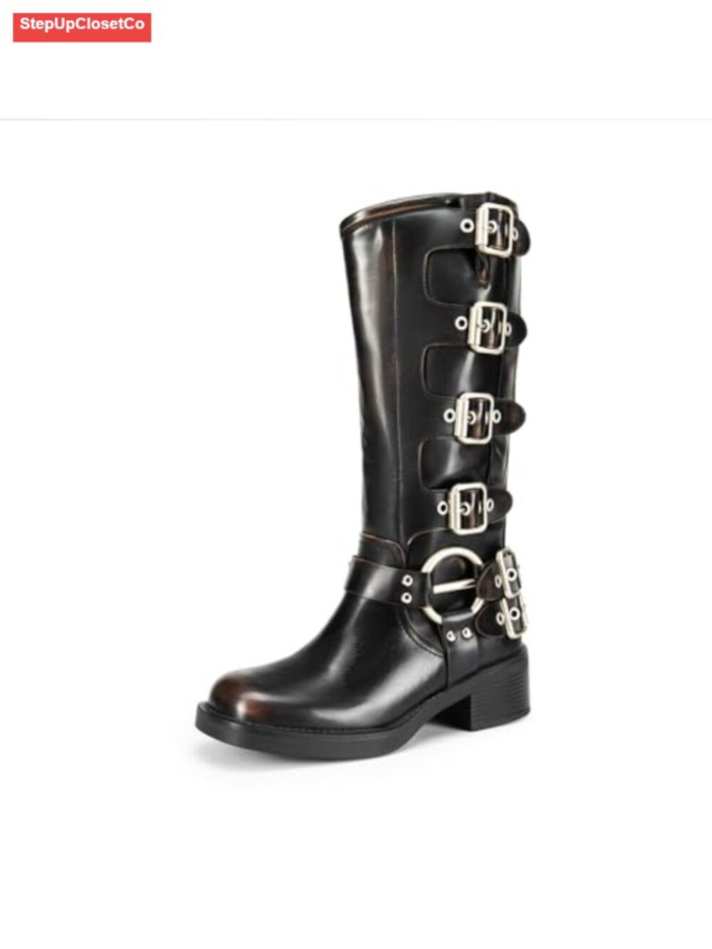 Knee High Biker Moto Boots Square Toe Block Heel Buckle Straps